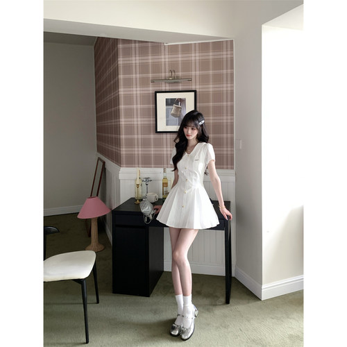 越韩小鱼Musefish 海盐茉莉 学院风白色衬衫连衣裙初恋感百褶裙女