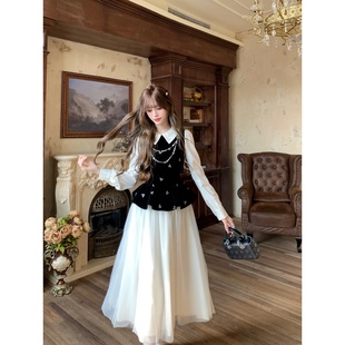 越韩小鱼 玛丽公主长裙 法式千金风丝绒拼接网纱裙水钻气质套装女