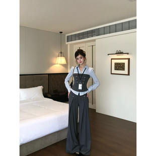 越韩小鱼Musefish 智性时髦 韩系气质假两件衬衫垂坠显瘦阔腿裤秋