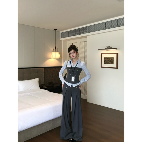 越韩小鱼Musefish 智性时髦 韩系气质假两件衬衫垂坠显瘦阔腿裤秋