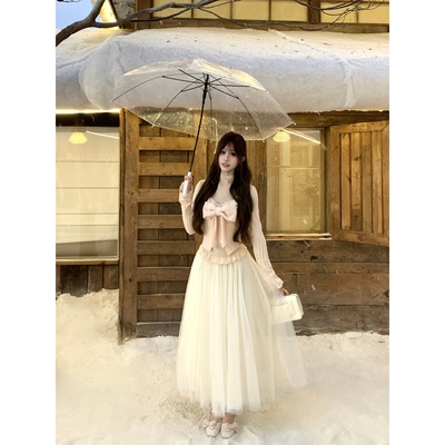 越韩小鱼 栀子花语长裙 假两件拼接网纱裙法式纯欲少女粉色连衣裙