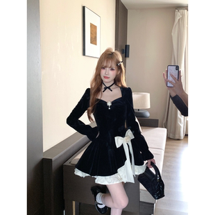 立体花朵裙摆丝绒小黑裙重工千金连衣裙女 法式 越韩小鱼 珍妮日记