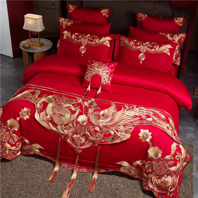 高支加密长绒棉龙凤红色四件套纯