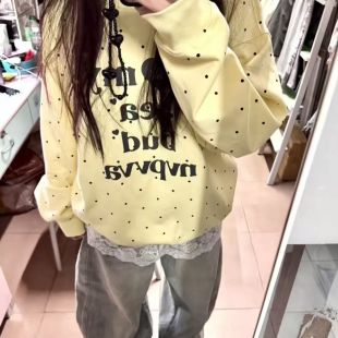 重磅韩系奶黄色波点小狗纯棉卫衣女秋冬2025新款 宽松减龄圆领上衣