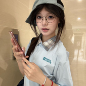 美式 撞色拼接格纹polo领奶蓝色短袖 t恤女夏2025新款 高街正肩上衣