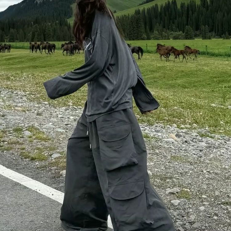 深灰色轻美式速干工装裤女夏降落伞阔腿裤宽松嘻哈辣妹酷飒休闲裤