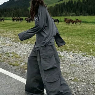 女夏降落傘闊腿褲 深灰色輕美式 褲 寬松嘻哈辣妹酷颯休閑褲 速干工裝