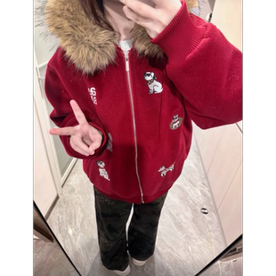 毛领红色小狗刺绣连帽卫衣外套女冬季加绒设计感小众减龄开衫上衣