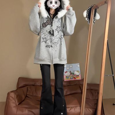 毛领hellokitty刺绣连帽拉链外套女秋冬新款甜妹卡通小众开衫卫衣