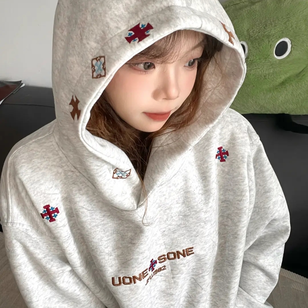 美式小众民族风刺绣重磅连帽卫衣女秋冬加绒加厚宽松简约情侣上衣