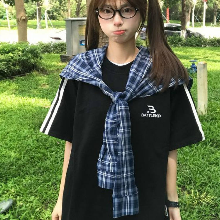 可拆卸格子绑带刺绣字母短袖t恤女夏新款体恤美式设计感纯棉上衣