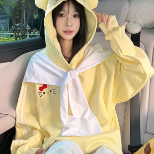 慵懒风超好看上衣 甜美kitty猫刺绣绑带设计感连帽卫衣女春秋新款