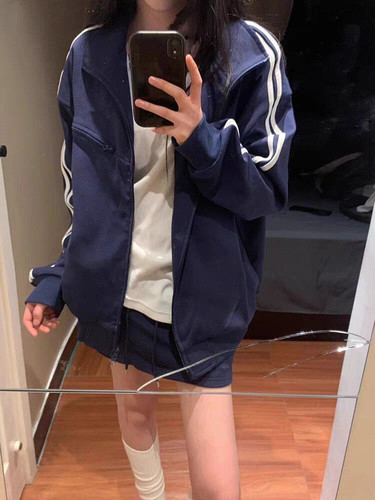 藏青色双杠拉链外套女春秋运动风