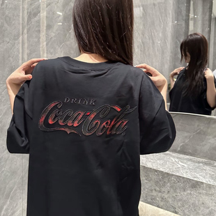 t恤女夏黑色tee情侶設計感重磅半袖 上衣 復古漸變字母刺繡短袖 美式