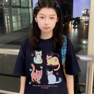 t恤女夏2025新款 藏青色可爱小猫重磅短袖 初高中学生大童纯棉上衣