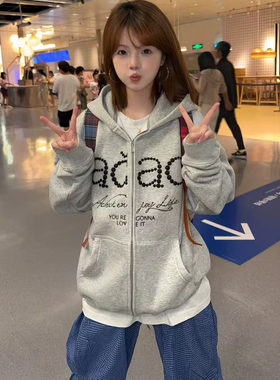 灰色立体刺绣字母连帽拉链外套女秋冬季开衫独特慵懒潮牌情侣卫衣