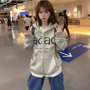 灰色立体刺绣字母连帽拉链外套女秋冬季开衫独特慵懒潮牌情侣卫衣