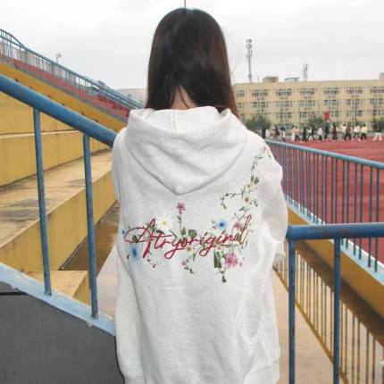 美式复古刺绣花卉字母连帽卫衣女春秋新爆款外套冬灰色慵懒风上衣
