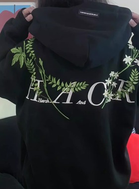 国潮牌复古刺绣花卉字母连帽卫衣女男春秋薄款冬加绒oversize上衣