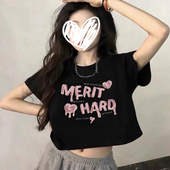 甜酷风纯欲黑色短款 短袖 t恤女夏小个子学生大童体恤露脐减龄上衣