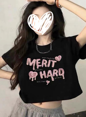 甜酷风纯欲黑色短款短袖t恤女夏小个子学生大童体恤露脐减龄上衣