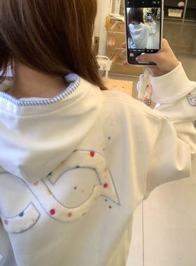 美式街头编织连帽刺绣字母卫衣女秋冬新款设计感别致小众白色上衣