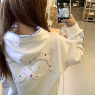 美式 设计感别致小众白色上衣 街头编织连帽刺绣字母卫衣女秋冬新款