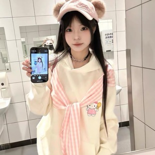 闺蜜装 甜美蝴蝶结条纹绑带刺绣连帽卫衣女春秋新爆款 减龄卡通上衣