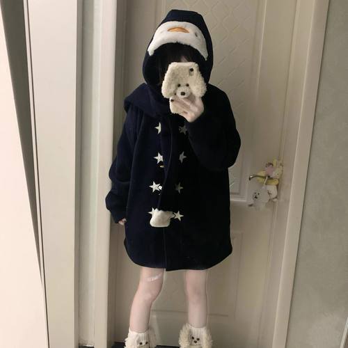 可爱企鹅牛角扣围脖连帽外套女