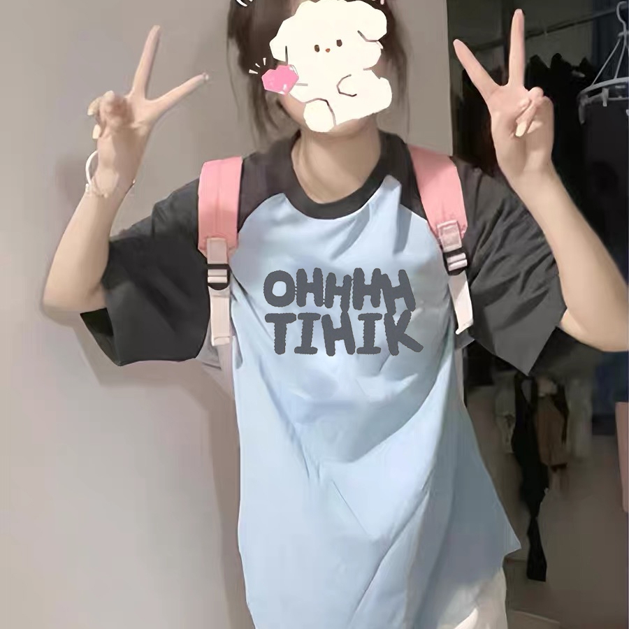 美式复古独特插肩短袖t恤女夏2025新款爆款初高中生大童半袖上衣