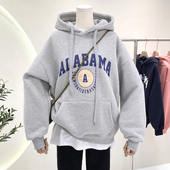 灰色字母卫衣女2025新款 秋冬加绒加厚宽松爆款 连帽套头上衣ins潮