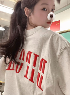 美式高街刺绣字母白灰色正肩短袖t恤女新款爆款潮牌体恤重磅上衣
