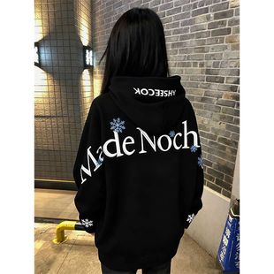 雪花字母刺绣oversize连帽卫衣女秋冬加绒重磅慵懒风潮牌情侣上衣