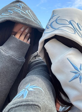 北极星刺绣重磅情侣连帽卫衣女秋冬加绒加厚外套潮牌小众慵懒上衣