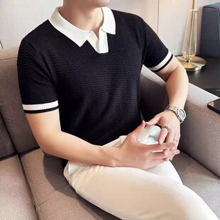 时尚 翻领针织衫 男士 轻奢蜂窝纹理透气薄款 夏季 简约纯色撞色修身