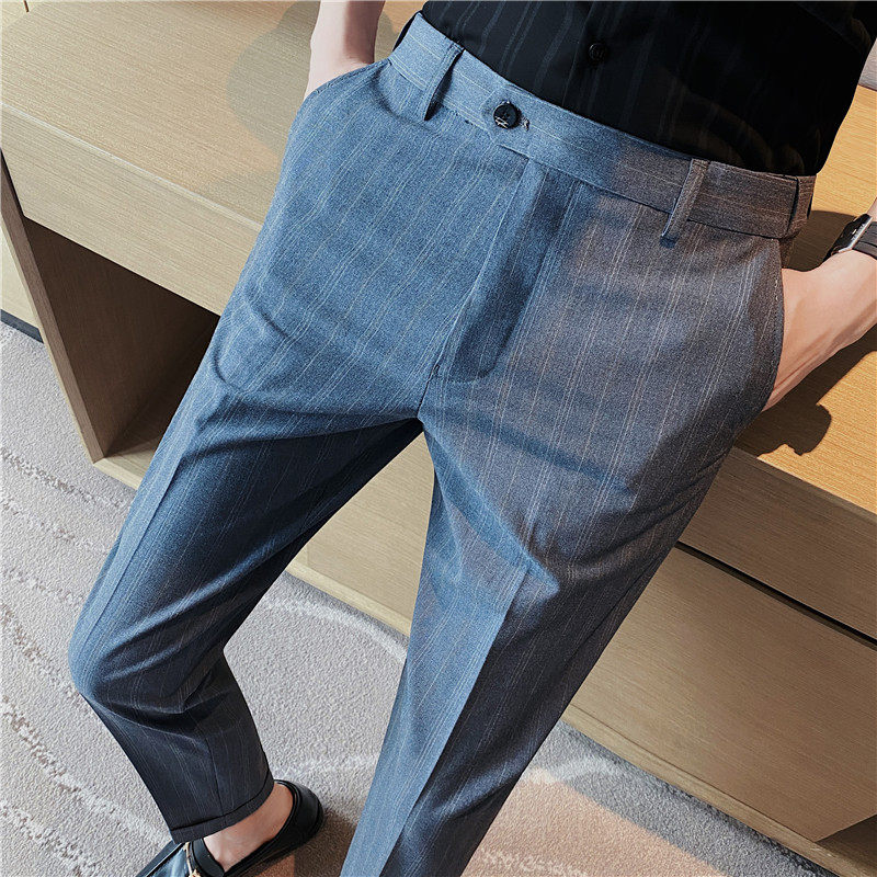 条纹西裤男士牛仔蓝松紧带弹力商务正装夏季薄款修身小脚休闲长裤图片