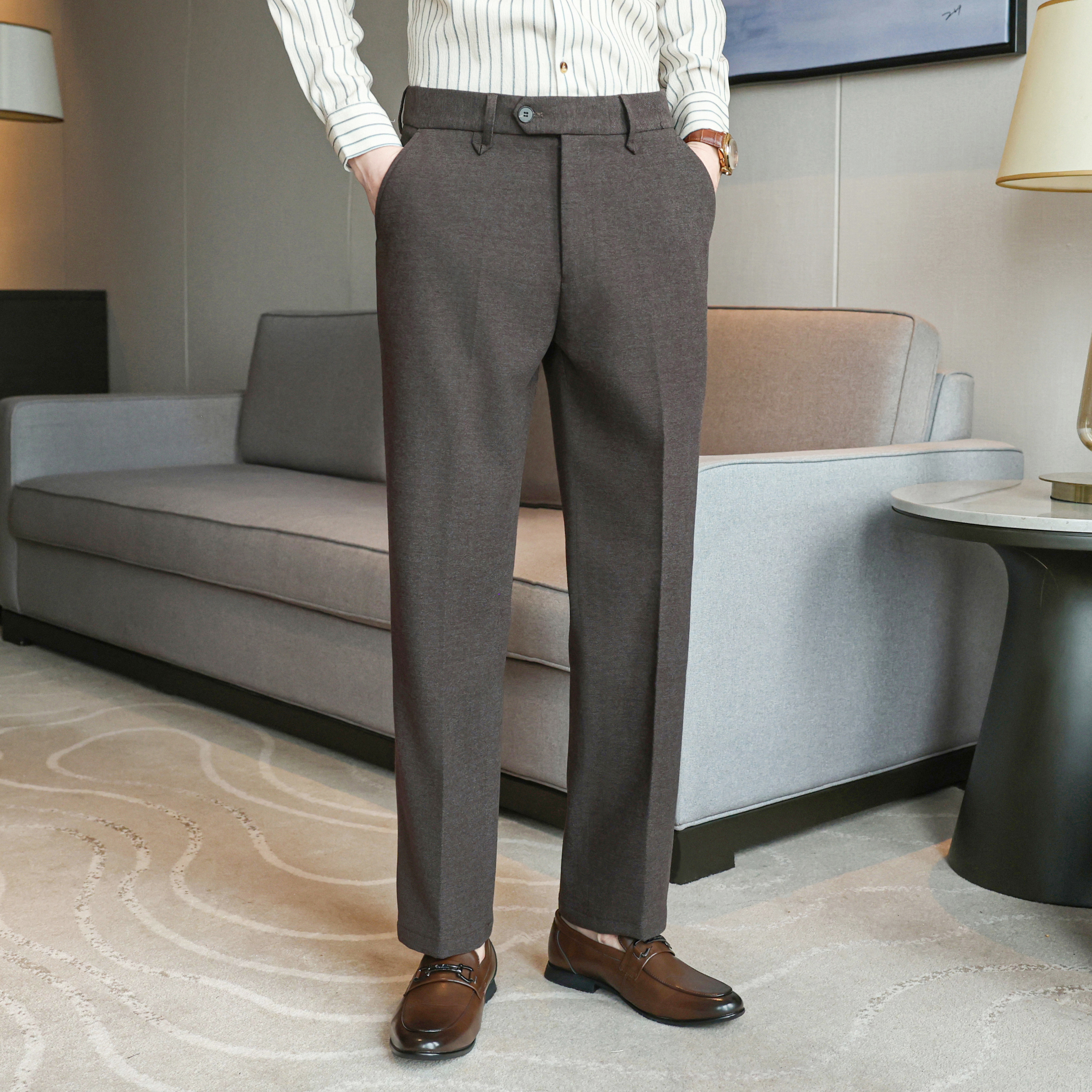 保暖男装裤子男士商务秋冬款毛呢小直筒西裤磨毛弹力休闲裤男冬季