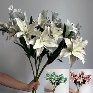 重瓣3头吸色百合仿真花家居装扮拍照道具婚庆餐桌花束假花场景