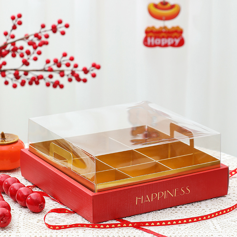 新年红色九宫格透明礼盒年货糖果糕点慕斯烘焙龙年四格甜品包装盒