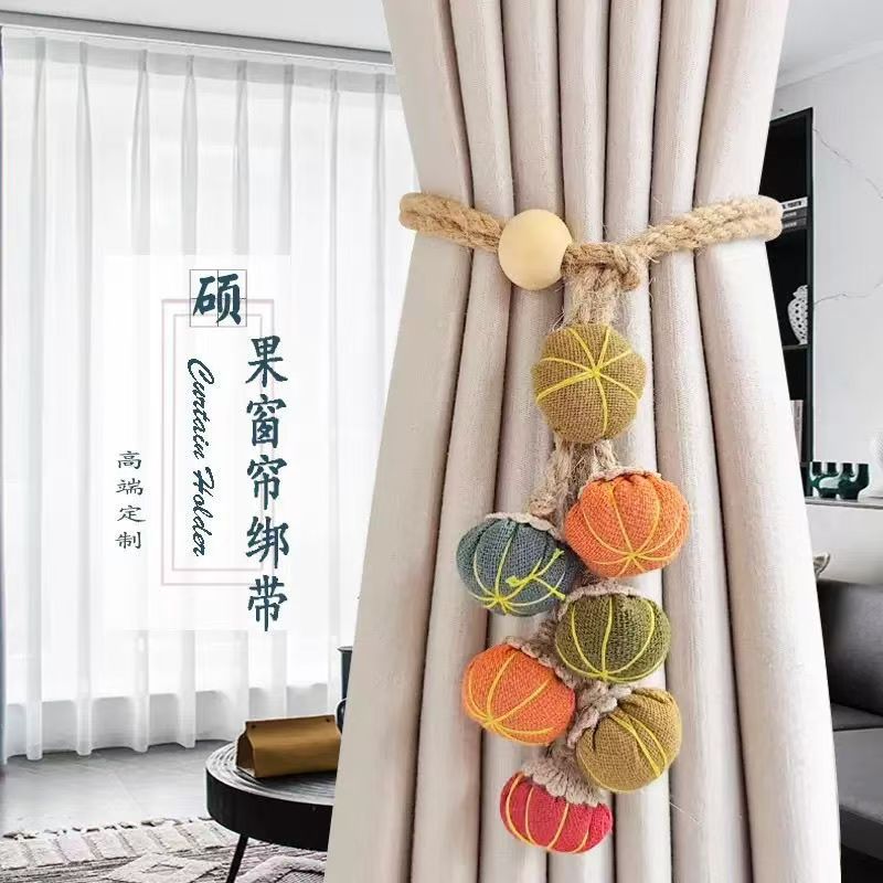新款窗帘捆绑带 田园风布艺南瓜串纱帘扎束带 山楂花挂球窗帘扣图片