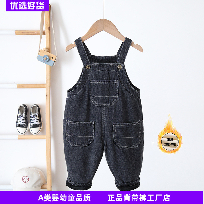儿童加绒牛仔背带裤冬季婴幼儿韩版舒适保暖吊带裤宝宝0-3连体裤