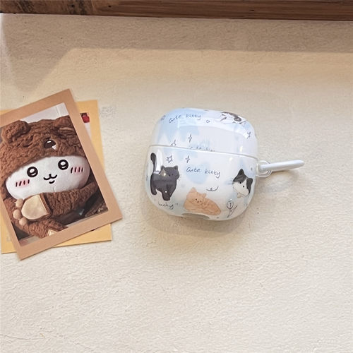 蓝晕染插画猫咪适用AirPods1/2/3/4/5代苹果无线蓝牙耳机保护套pro2/3华为Freebuds 6i/se2/SE3/FreeCIip2