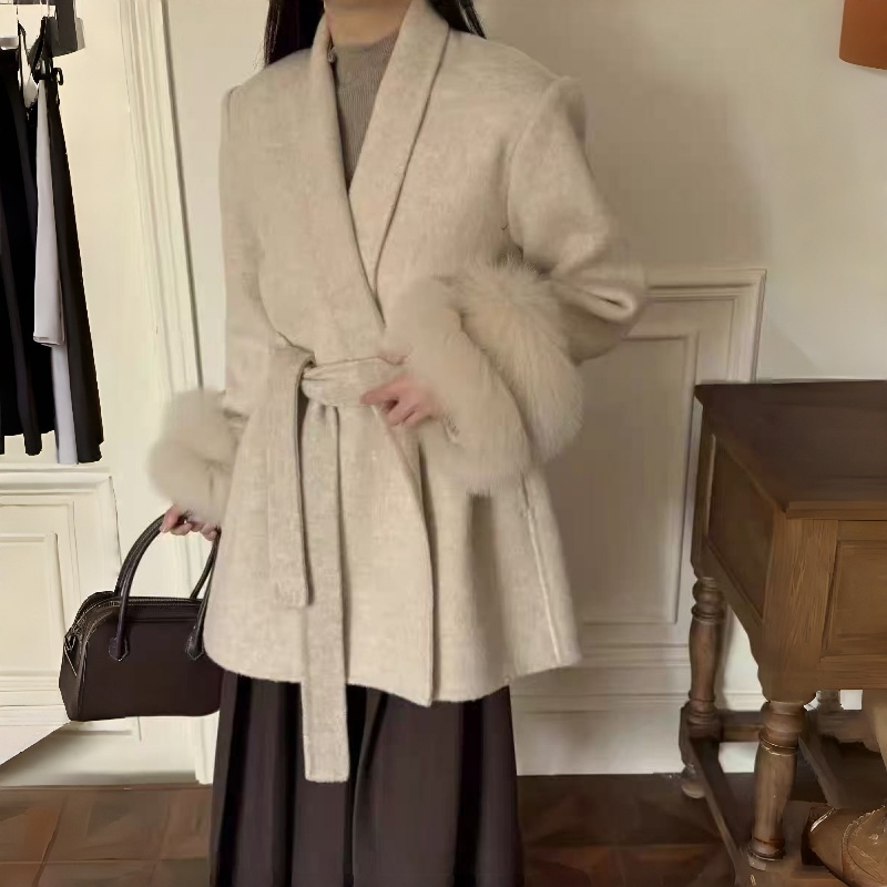 双层狐狸毛袖双面羊毛大衣女25秋冬高级感气质毛呢外套富家千金风