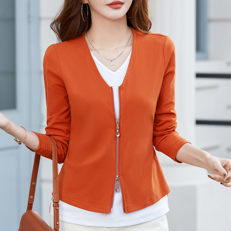 韩版假两件纯棉t恤女长袖2025新款春秋宽松休闲体恤衫外穿V领上衣