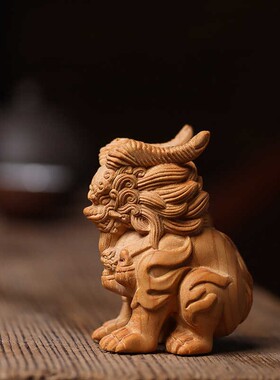 土嘉木雕文具手提式把手件吉祥兽三眼独角兽车桌装饰粗呢装饰品