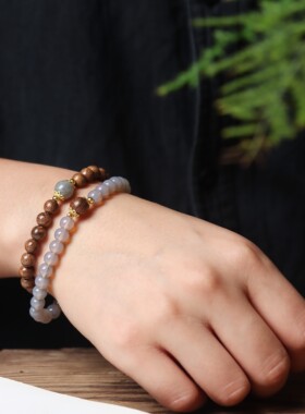 新中式金丝檀木手链女国风双圈叠戴手串猫眼石手链烟紫和田玉手链