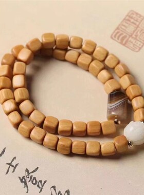 正宗天然檀香双圈方块珠手链女文玩念珠手串复古原木天然香木佛珠