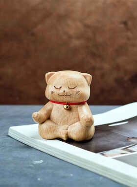 禅坐猫 招财猫榉桌面车载摆件打坐猫招财进宝乔迁开业礼品送礼