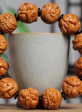 十二生肖芭比檀香手串原木雕刻檀香木佛珠手串男女手链念珠工艺品