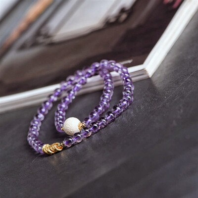 紫水晶0.6多圈手串 猛犸牙回纹单珠款碎银几两